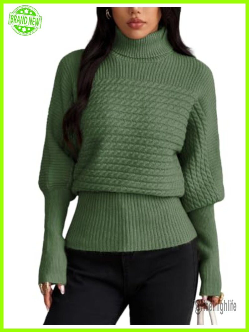 Cable Knit Turtleneck Sweater Balloon Sleeve Pullover